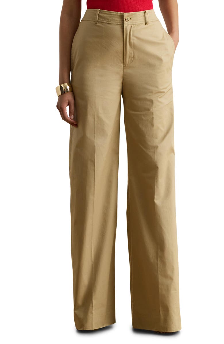 Lauren Ralph Lauren High Waist Wide Leg Cotton Twill Pants, Main, color, Birch Tan Beige
