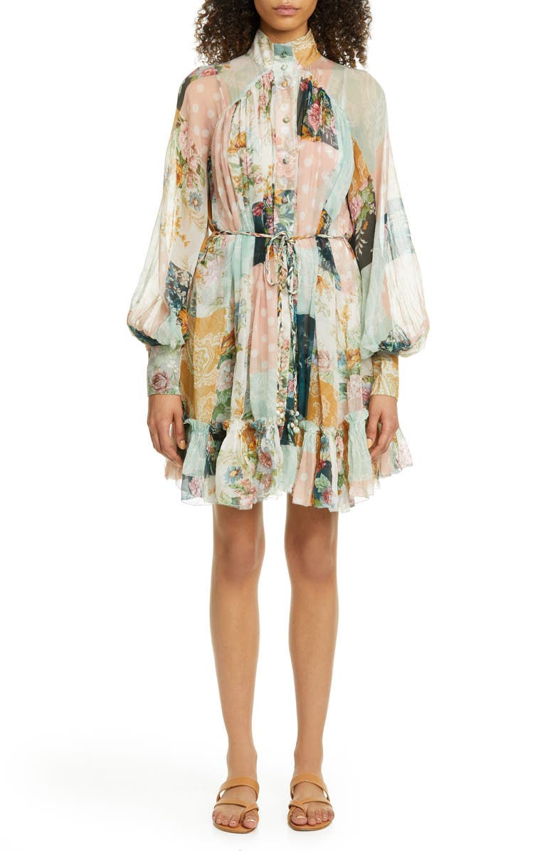 Zimmermann Wavelength Mixed Print Long Sleeve Silk Minidress, Main, color,