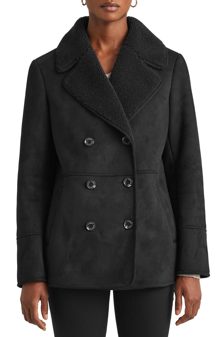 Double Breasted Faux Shearling Coat, Main, color, BLACK