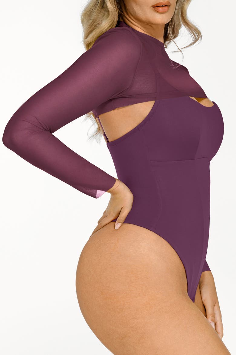 Sheer Shapewear Mesh Cutout Corset Bodysuit 2-Piece Set, Alternate, color, Plum