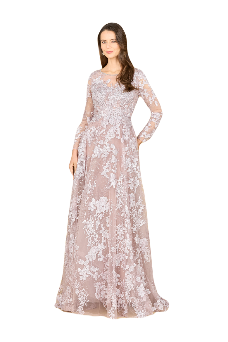Long Sleeve, Illusion Neck Gown, Main, color, Mauve