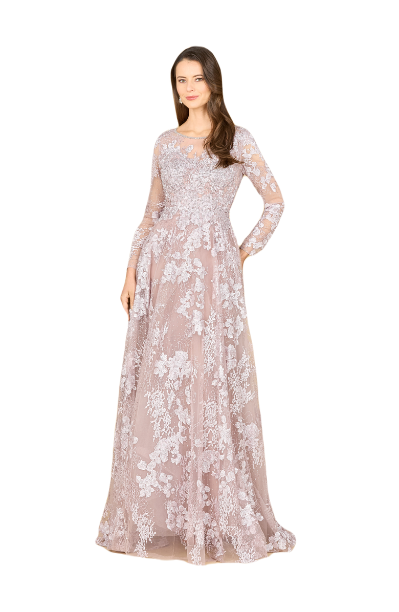 LARA New York Long Sleeve, Illusion Neck Gown, Main, color, Mauve
