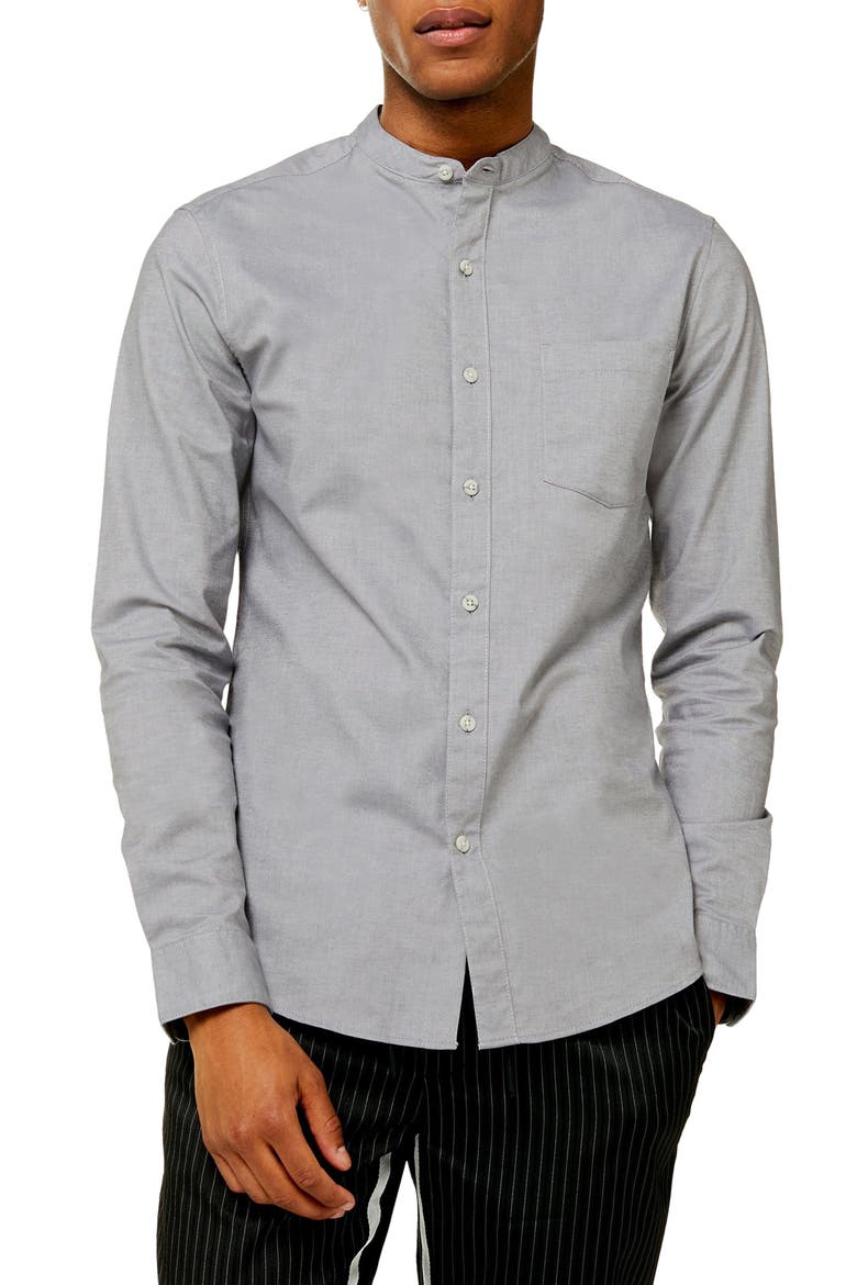 Slim Fit Band Collar Oxford Button-Up Shirt, Main, color, GREY