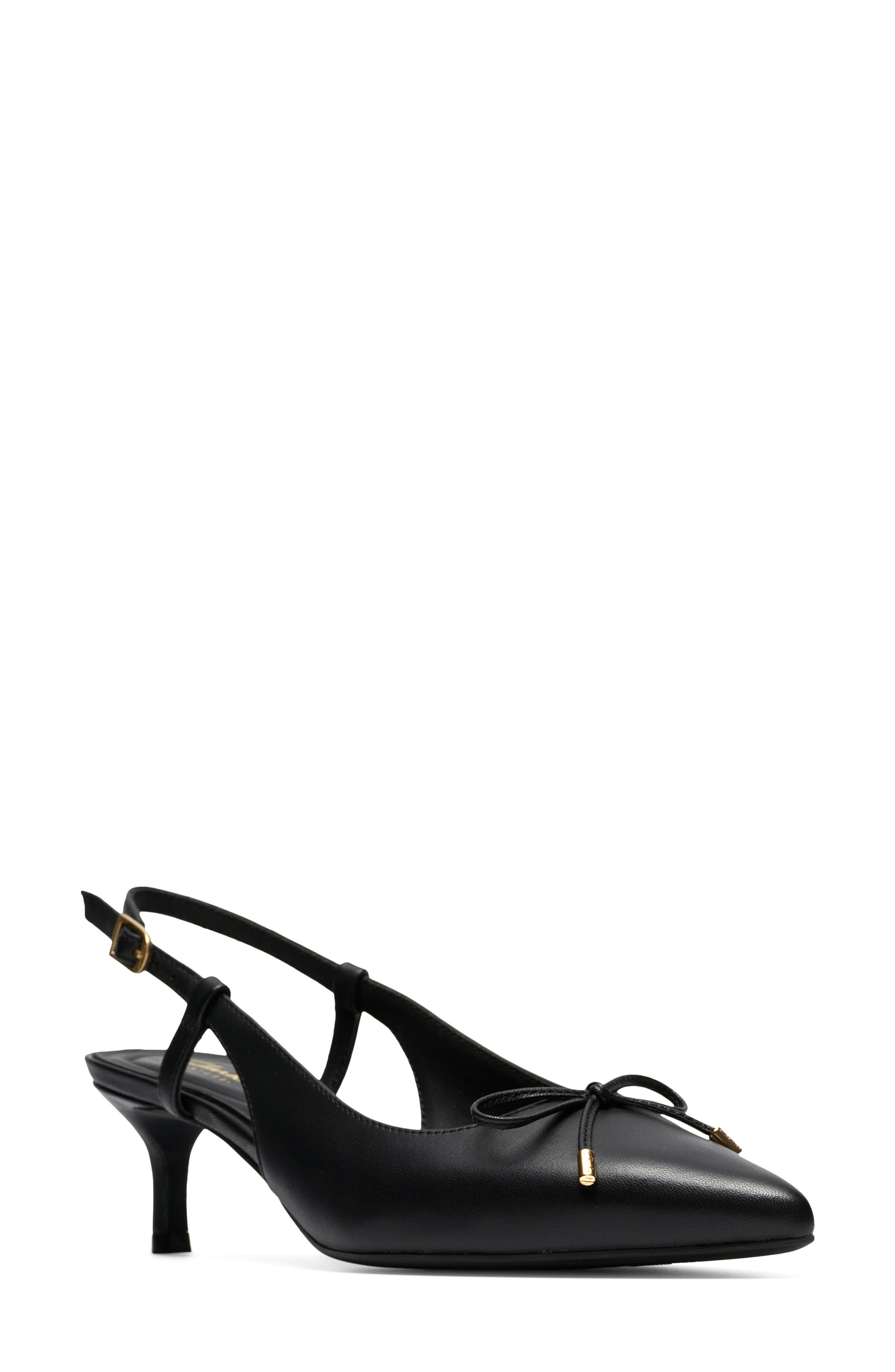 Clarks<sup>®</sup> Zarey Bow Pointed Toe Slingback Pump, Main, color, Black Leather