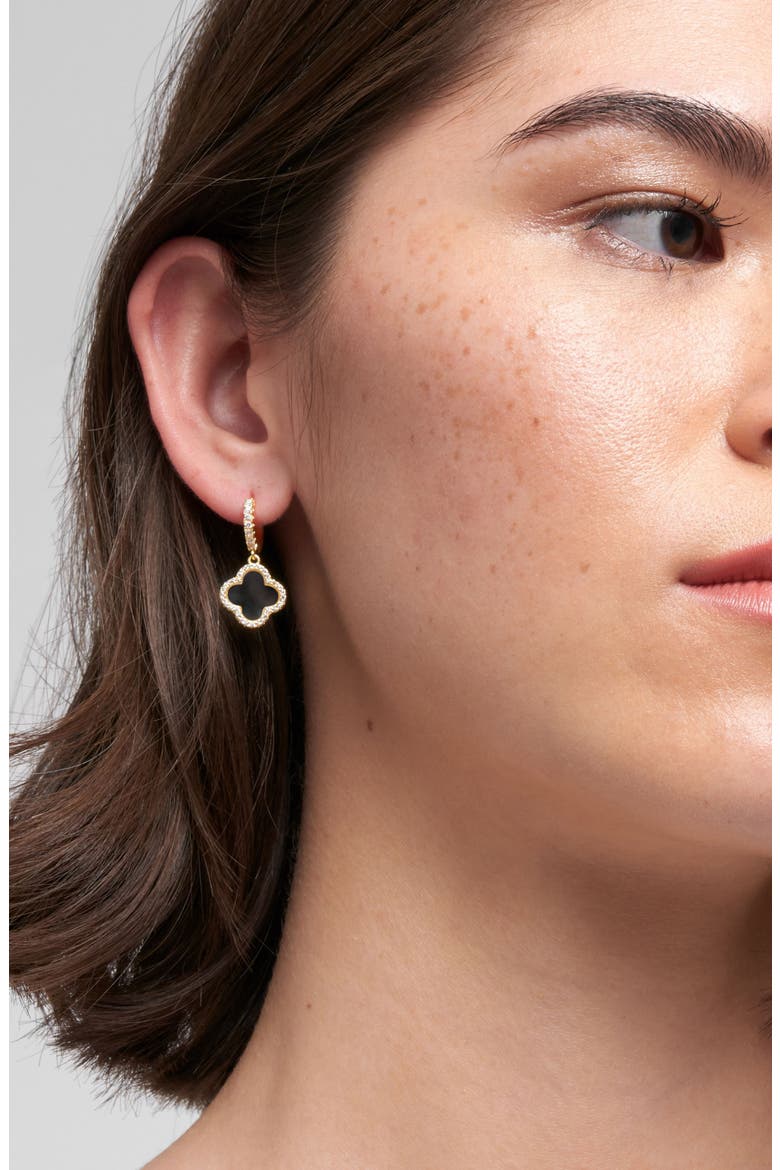 Crystal Halo Clover Drop Earrings, Alternate, color, BLACK