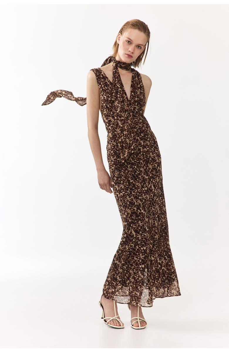H&M Scarf-detail Chiffon Dress, Alternate, color, Dark Brown/Patterned
