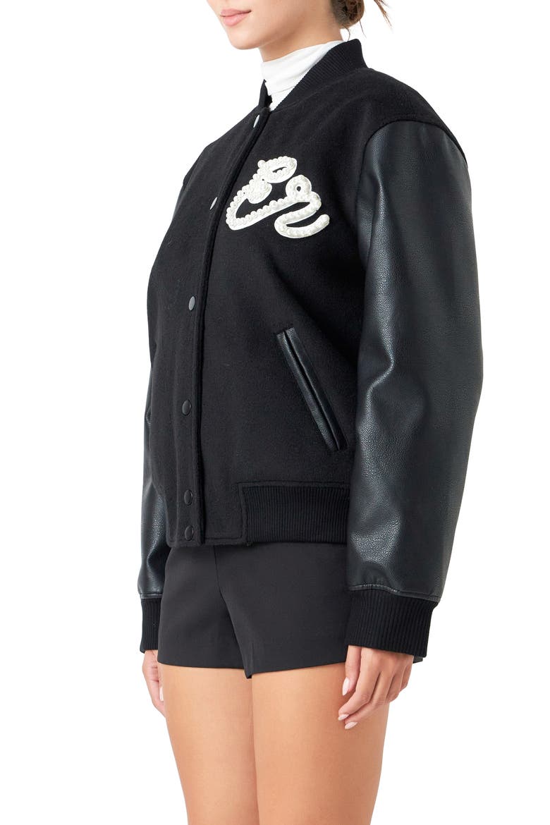 Imitation Pearl Detail Bomber Jacket, Alternate, color, BLACK