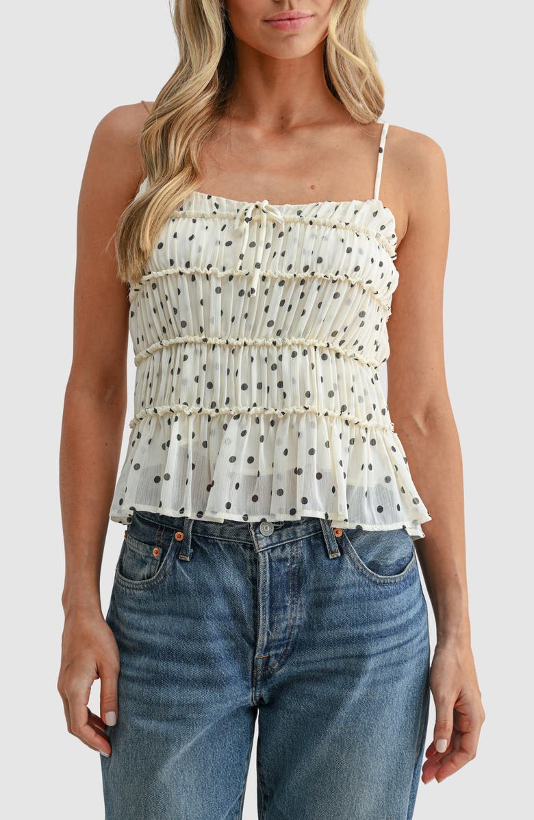 All in Favor Polka Dot Sleeveless Peplum Top, Main, color, Ivory Black Dot