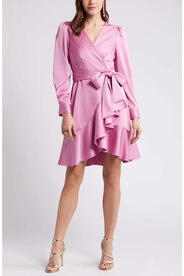 Wrap Front Long Sleeve Satin Charmeuse Dress, Alternate, color, PINK MACAROON