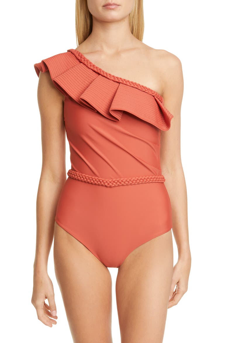 Ruffle One-Shoulder One-Piece Swimsuit, Main, color, PAPRIKA RED