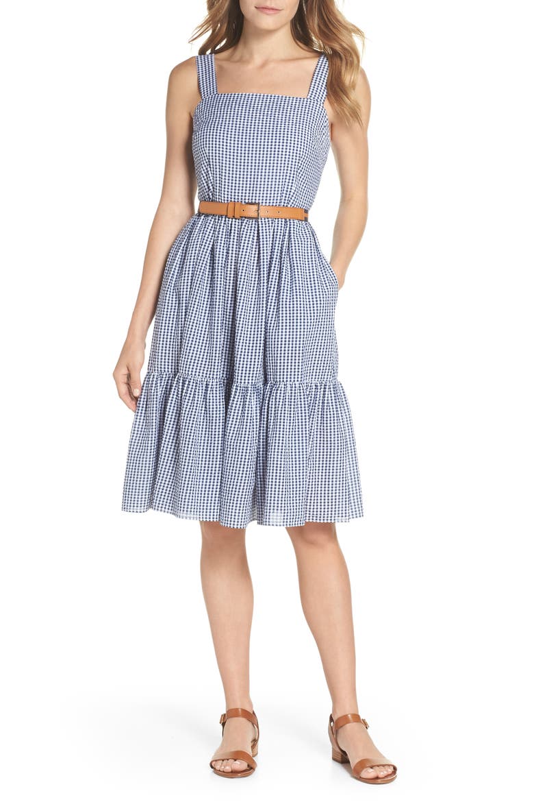 Ruffle Hem Seersucker Check Fit & Flare Dress, Main, color, NAVY/ IVORY