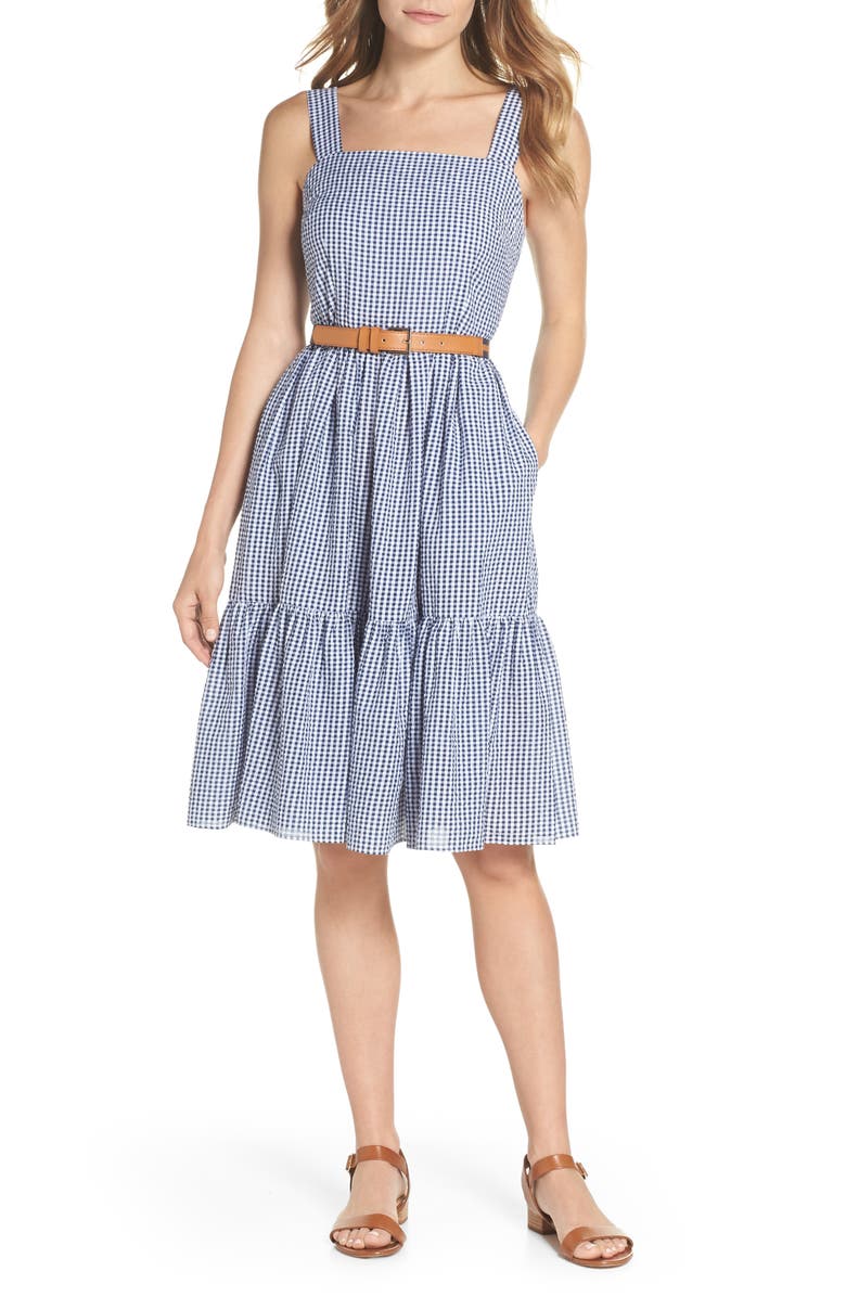 Eliza J Ruffle Hem Seersucker Check Fit & Flare Dress, Main, color,