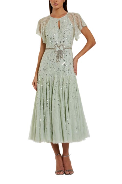 MAC DUGGAL MAC DUGGAL BEADED MESH FLUTTER SLEEVE A LINE MIDI DRESS