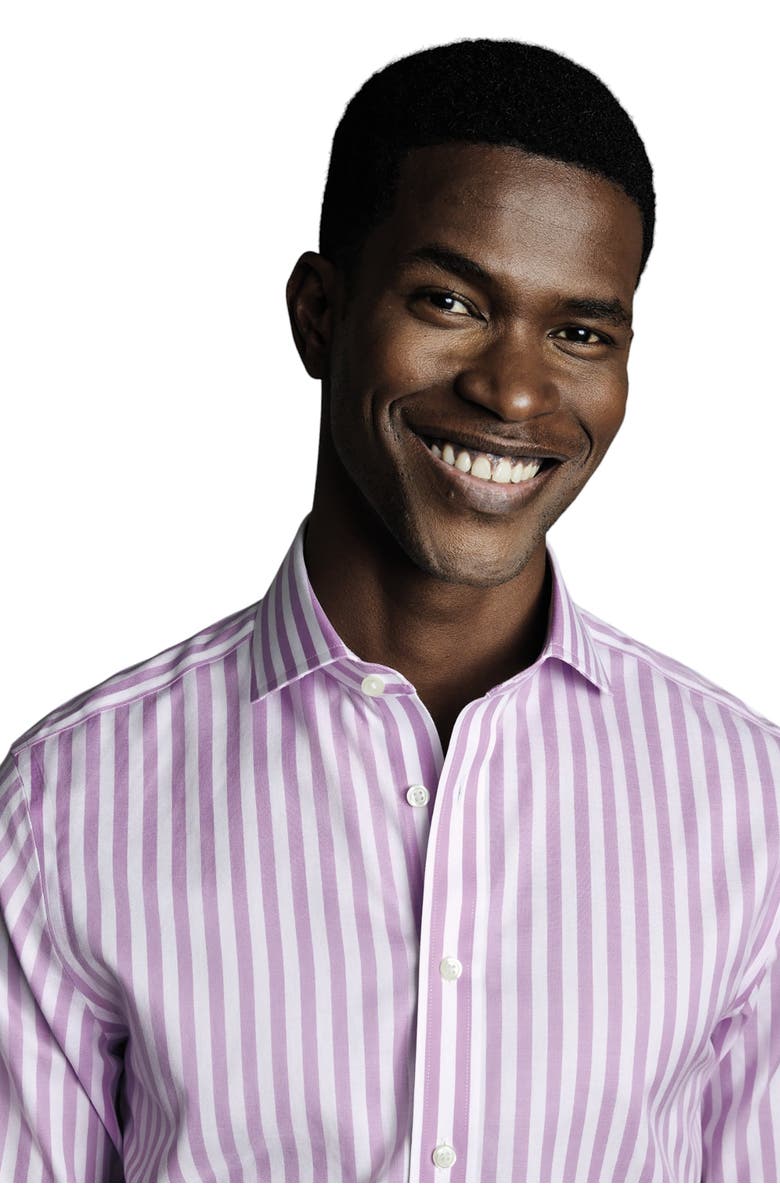 Charles Tyrwhitt Wide Stripe Non-Iron Twill Cutaway Slim Fit Shirt Single Cuff, Alternate, color, Lilac Purple