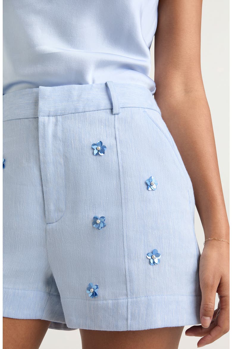 Tora Floral Appliqué Linen & Cotton Shorts, Alternate, color, BLUE HYDRANGEA