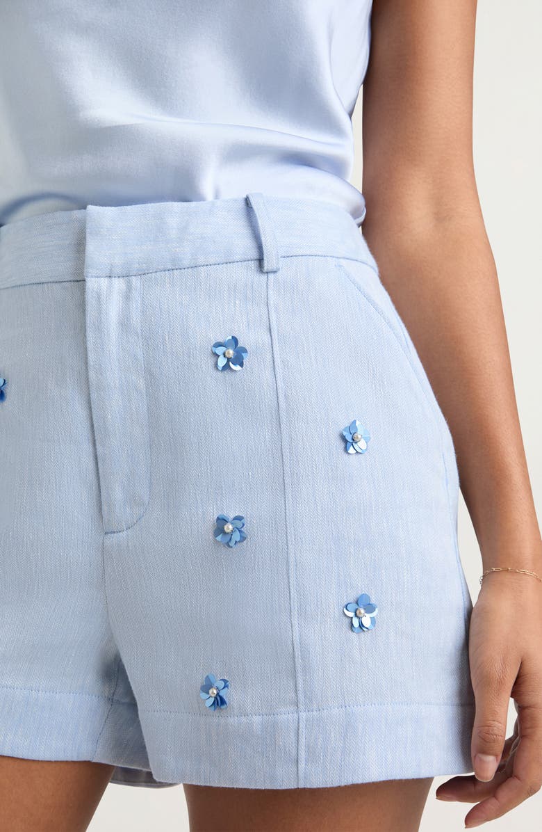 Cinq à Sept Tora Floral Appliqué Linen & Cotton Shorts, Alternate, color, Blue Hydrangea