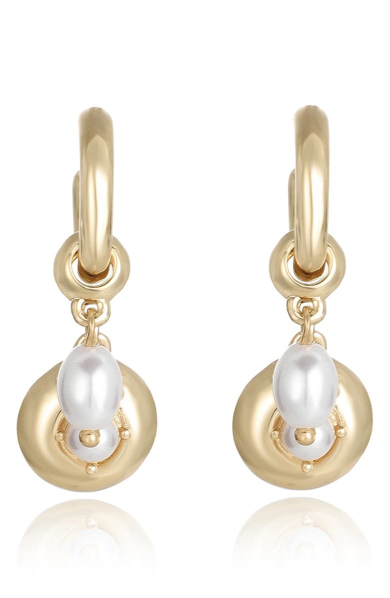 Ettika Faux Pearl Charm Huggie Hoop Earrings, Alternate, color, Gold