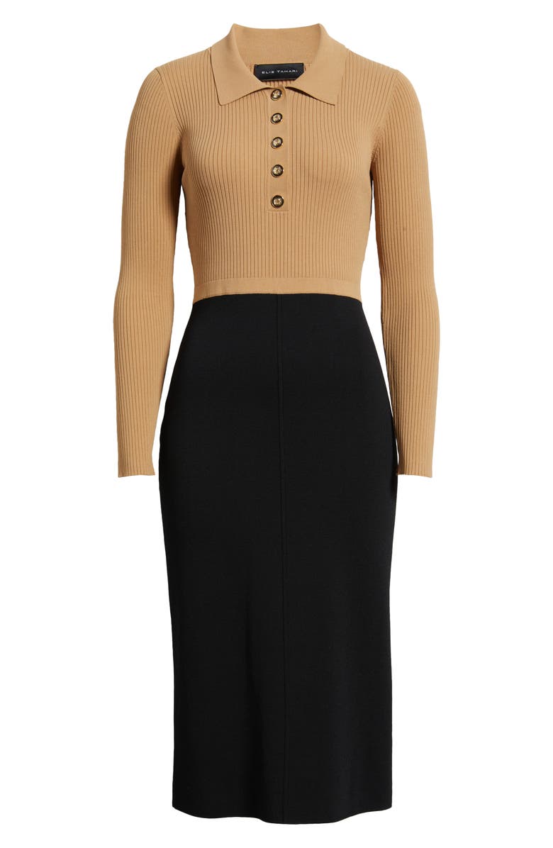 Elie Tahari The Esme Long Sleeve Knit Dress, Alternate, color, Camel Crown Beige/ Noir