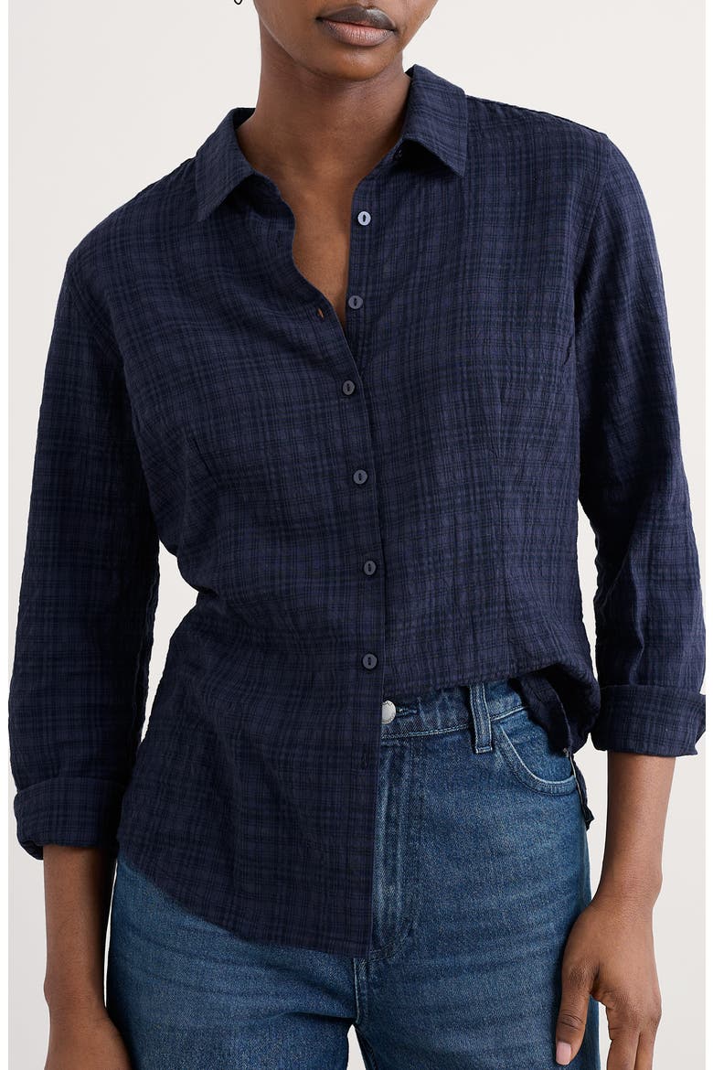 Isla Plaid Organic Cotton Blend Button-Up Shirt, Main, color, MARITIME