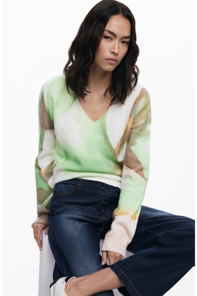 Abstract Print V-Neck Sweater, Alternate, color, LIGHT GREEN