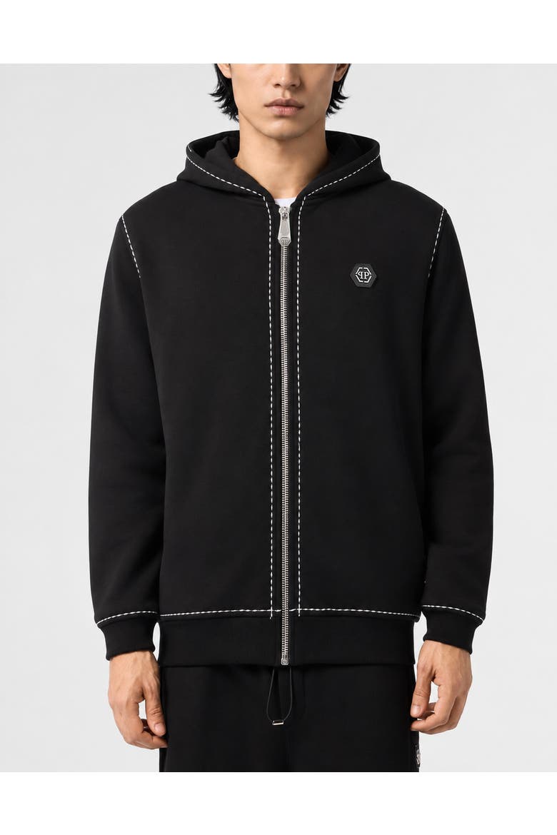 Zip Hoodie Stitching Logo Men, Main, color, black