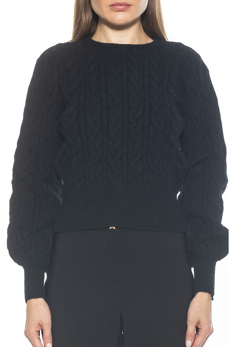 Berli Balloon Sleeve Cable Knit Crop Sweater, Main, color, BLACK
