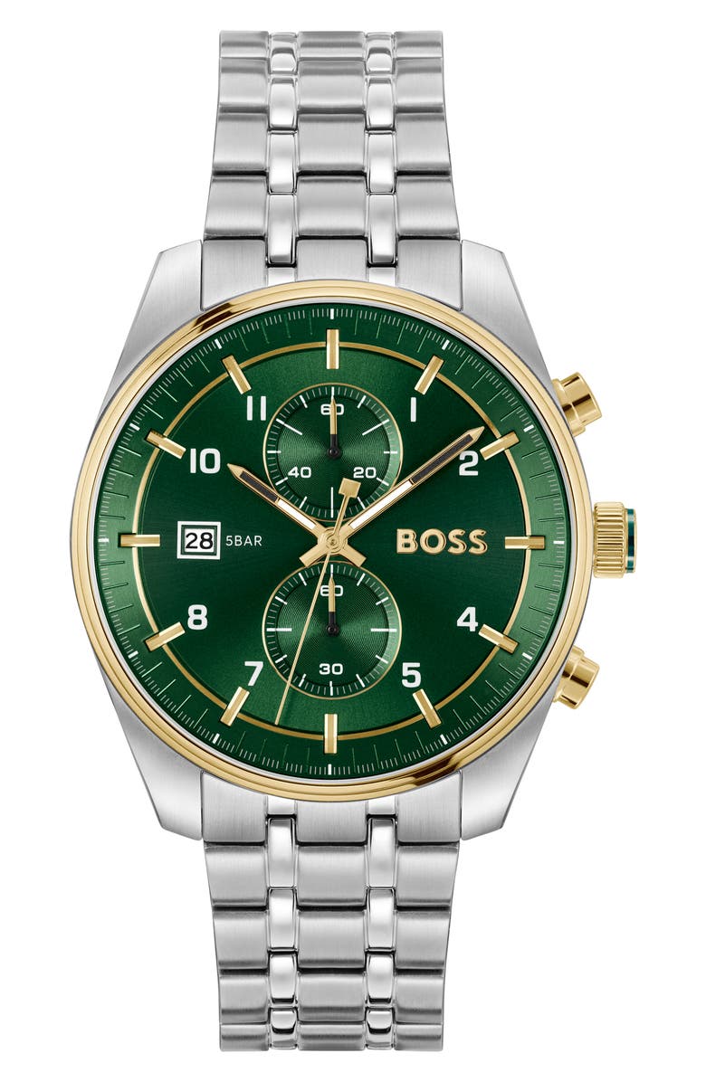 BOSS Skytraveller Chronograph Bracelet Watch, 44mm, Main, color, Green