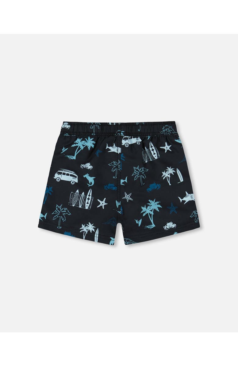 Deux par Deux Little Boy's Printed Swim Trunks Light Blue Beach On Black, Alternate, color, 