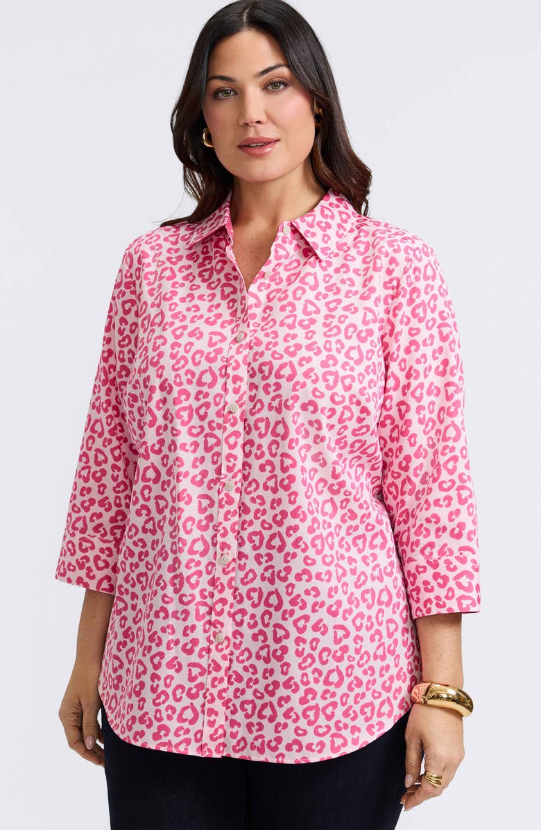 Foxcroft Margie Leopard Print Three-Quarter Sleeve Cotton Button-Up Shirt, Alternate, color, Pink Flambe Multi