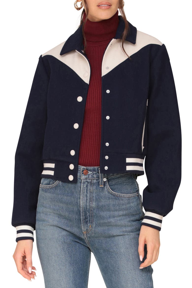 Western Bomber Jacket, Main, color, NAVY/ OFF WHITE