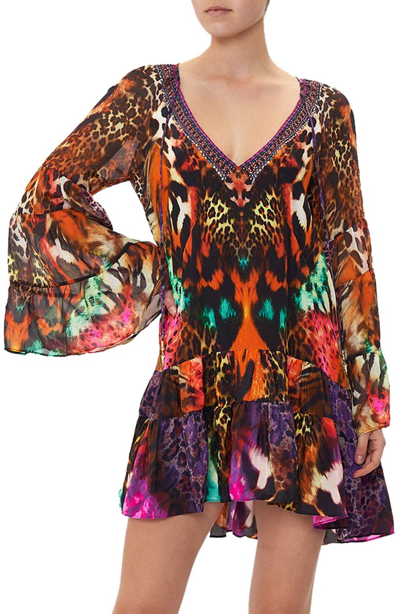 Camilla Surrealist Suspension Long Sleeve Gathered Silk Minidress, Main, color, 