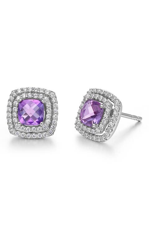 Semiprecious Stone & Simulated Diamond Double Halo Cushion Stud Earrings