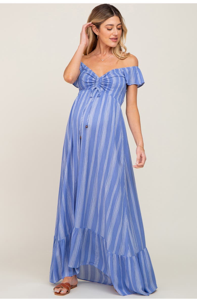 PinkBlush Striped Off Shoulder Front Tie Maxi Dress, Alternate, color, Blue