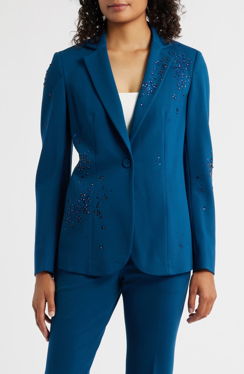 Anne Klein Embellished One-Button Blazer, Main, color, Baltic Teal