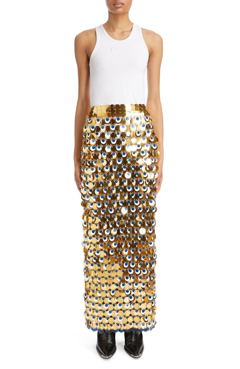 Rabanne Metallic Spangle Maxi Skirt, Alternate, color, 