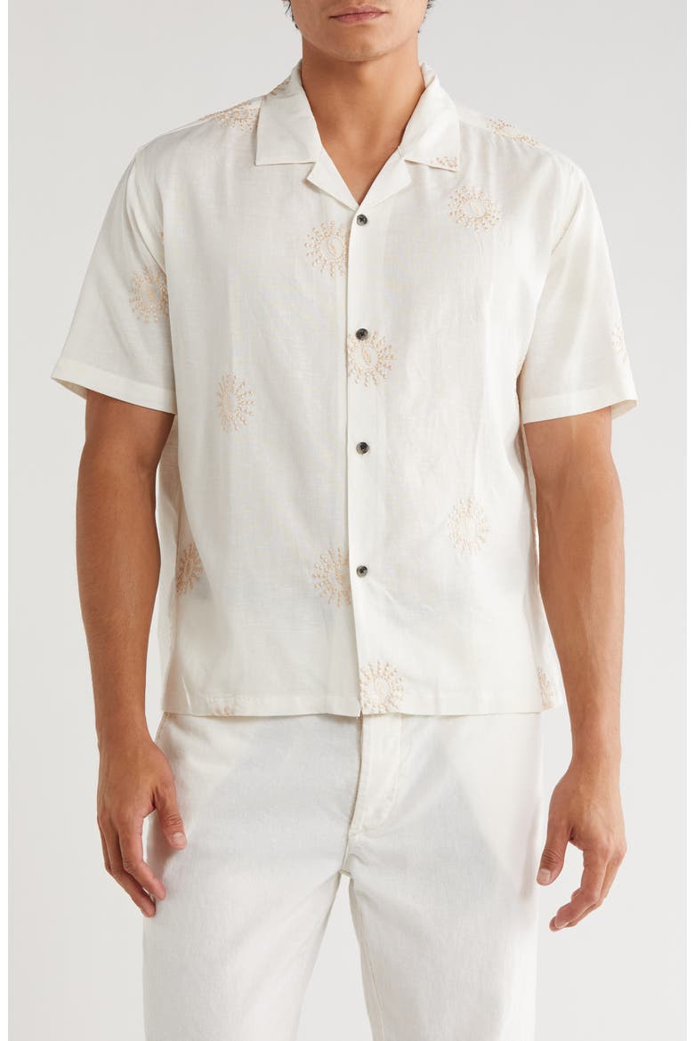 Boxy Fit Sun Embroidered Camp Shirt, Main, color, OFF WHITE