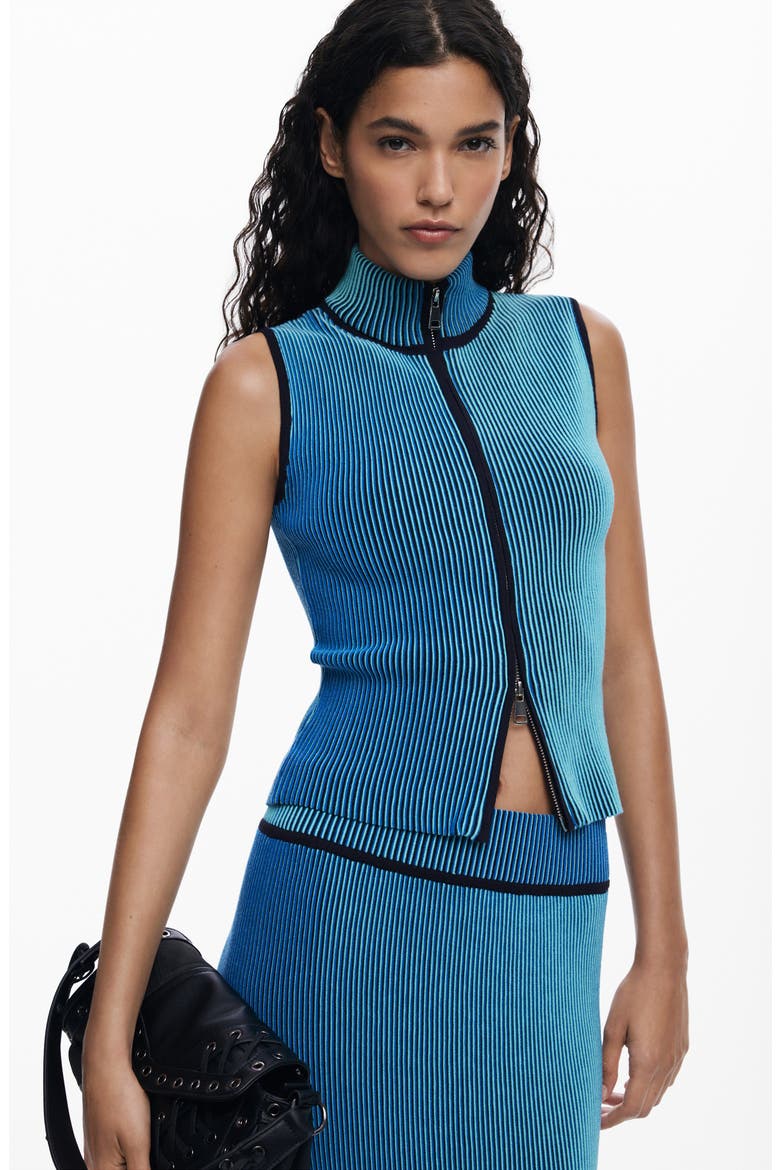 Sleeveless Front Zip Rib Top, Alternate, color, BLUE
