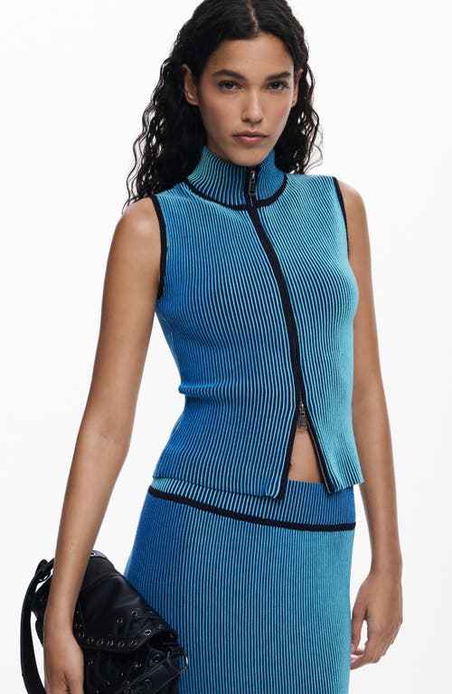 Desigual Sleeveless Front Zip Rib Top In Blue