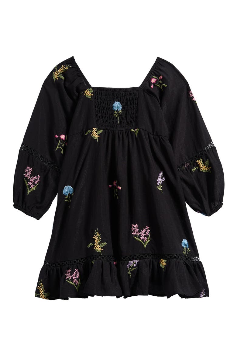 Kids' Embroidered Babydoll Dress with Lace Trim, Alternate, color, BLACK