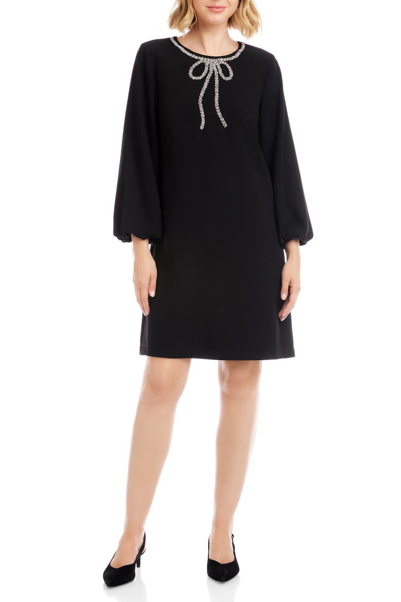 Embellished Bow Long Sleeve Shift Dress, Main, color, BLACK