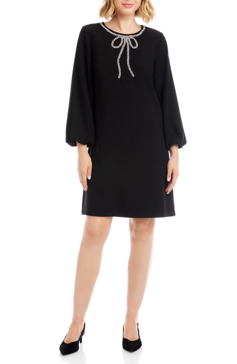 Karen Kane Embellished Bow Long Sleeve Shift Dress, Main, color, Black