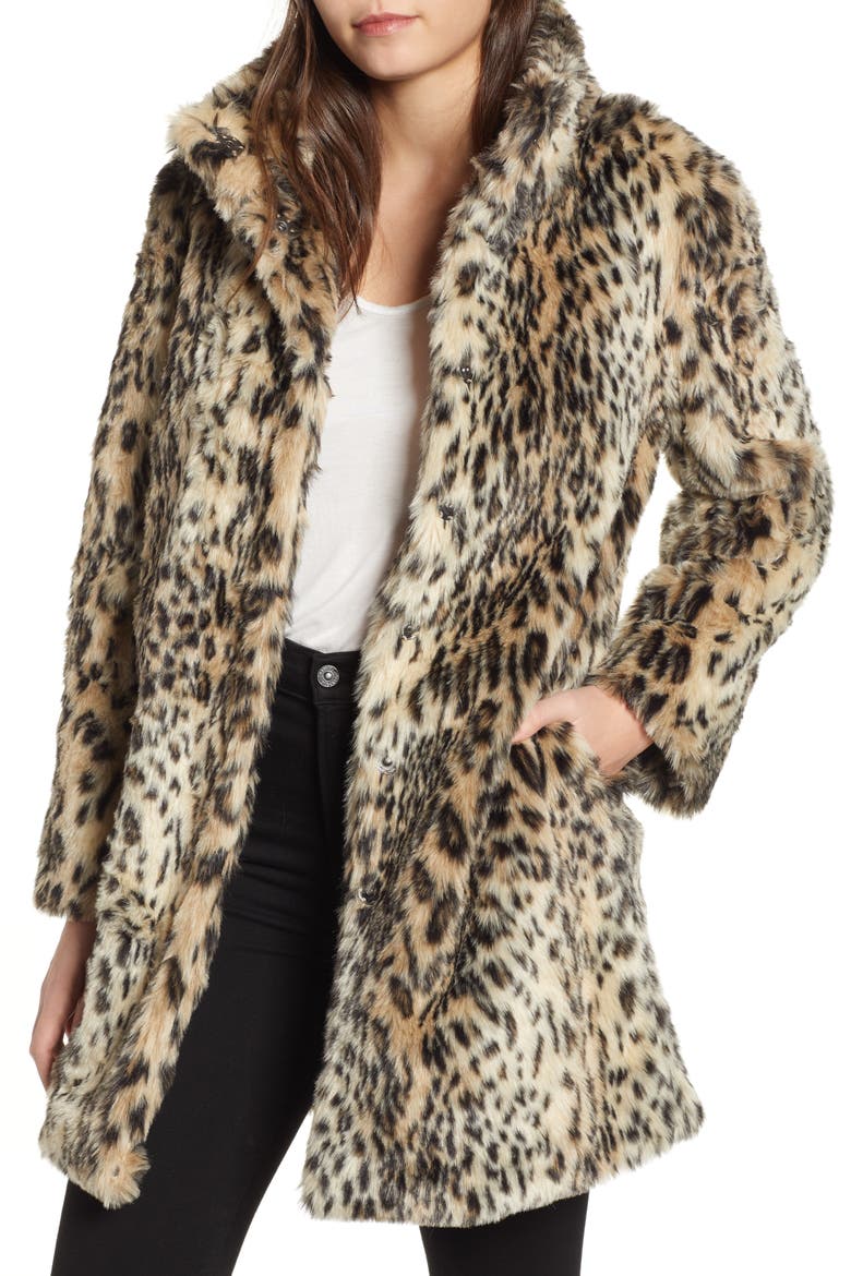 Leopard Faux Fur Coat, Main, color, BLACK