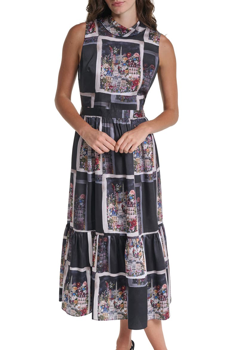 Paris Print Twill Midi Dress, Alternate, color, BLACK MULTI