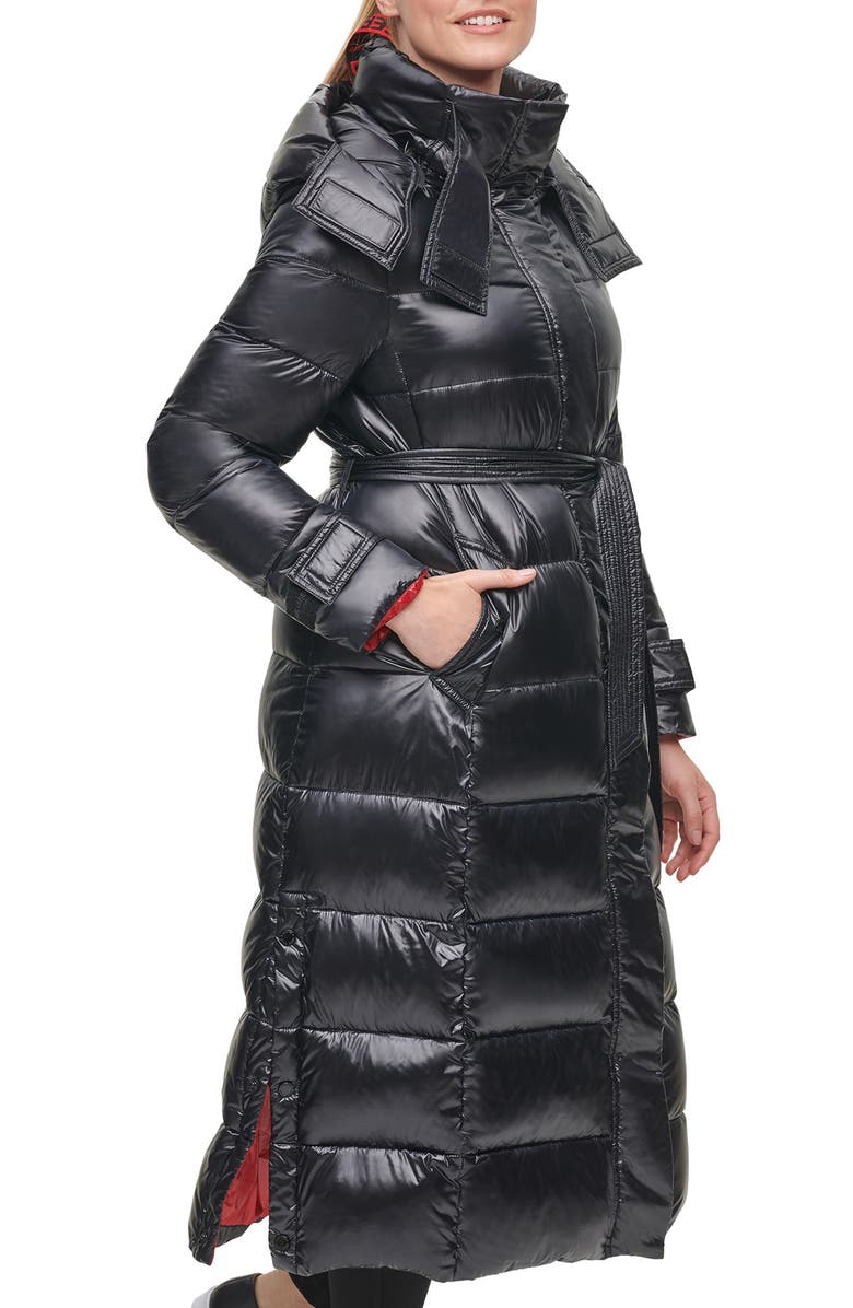 KARL LAGERFELD PARIS Contrast Belted Longline Puffer Jacket, Alternate, color, Black