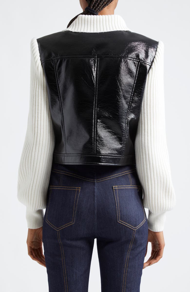 Cinq à Sept Knit Sleeve Faux Leather Jacket, Alternate, color, Black/ Ivory