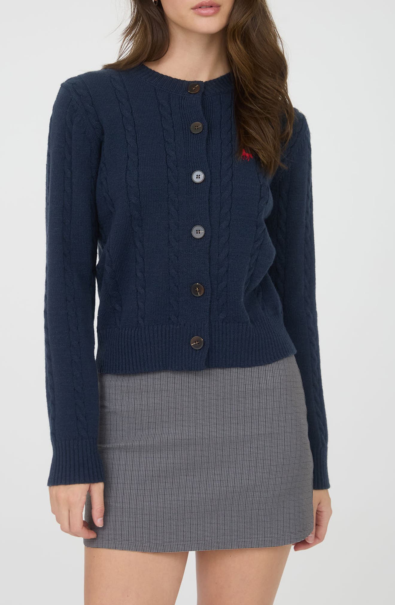 Blu Pepper Embroidered Horse Cable Knit Crop Cardigan