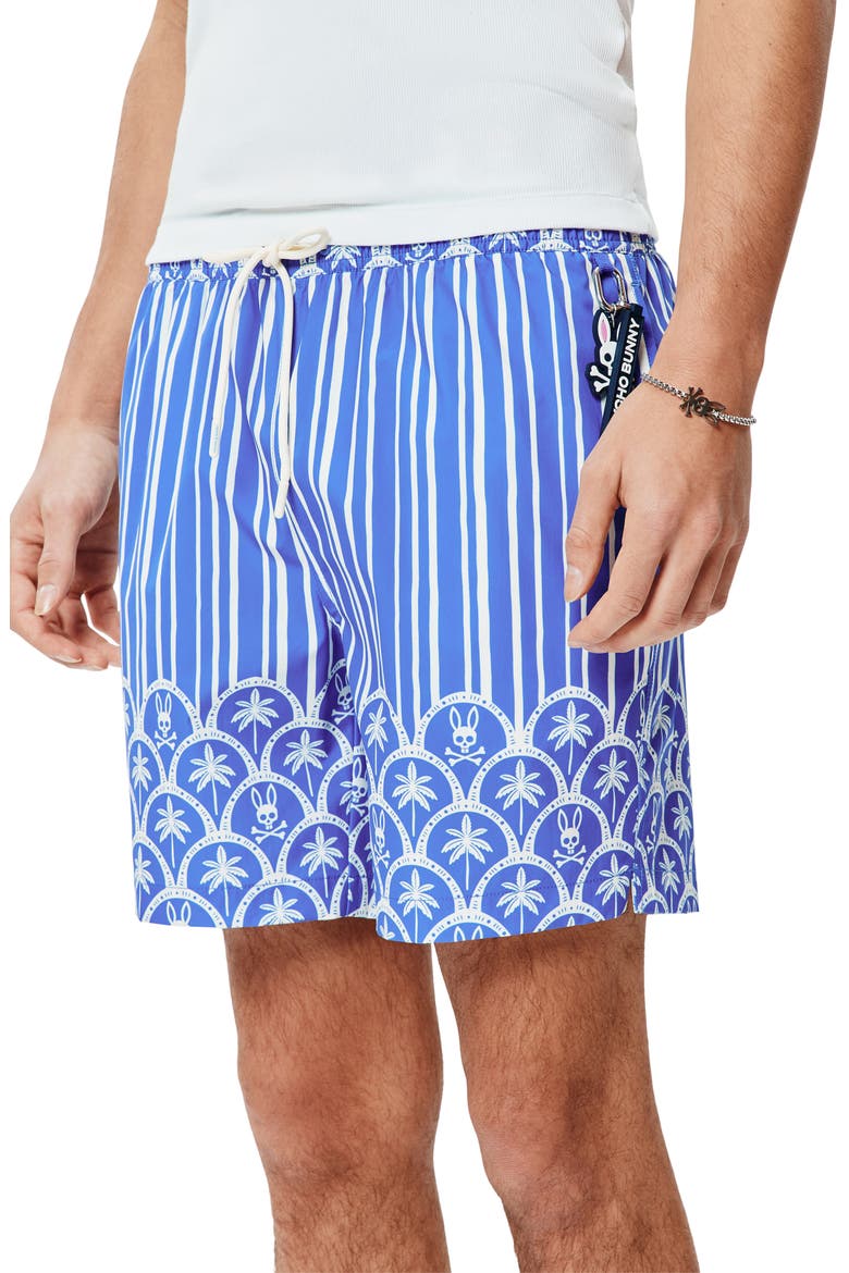 Brad Palm Tree & Bunny Print 6-Inch Swim Trunks, Alternate, color, AMPARO BLUE