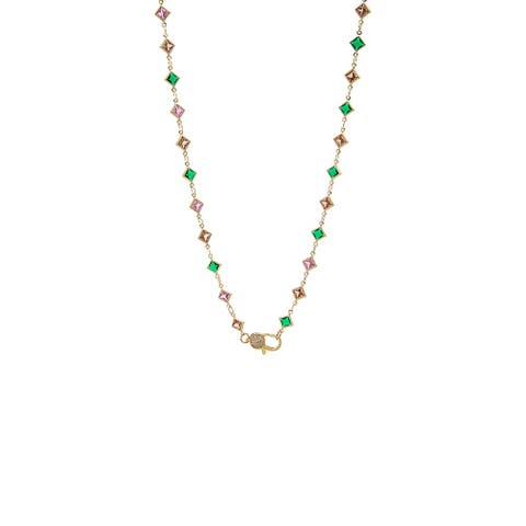 Diamond Look Multi Color Station Lobster Clasp Chain Necklace