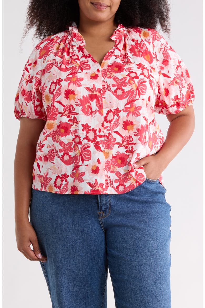 Split Neck Short Sleeve Cotton Gauze Top, Main, color, RED/ IVORY PALM FLORAL
