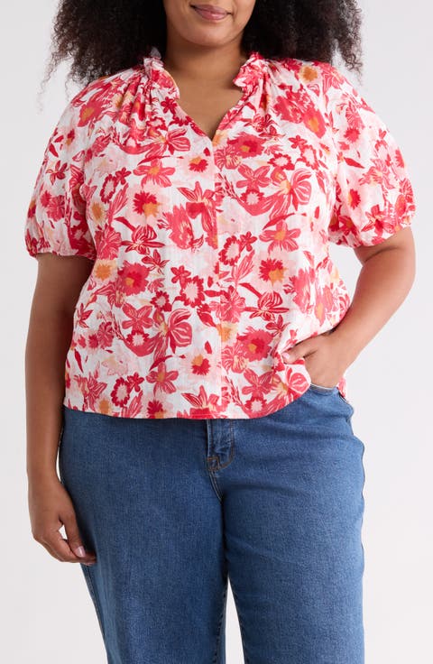 Split Neck Short Sleeve Cotton Gauze Top (Plus)